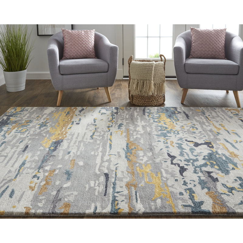 17 Stories Casual Abstract, Gray/Yellow/Blue Area Rug Wayfair